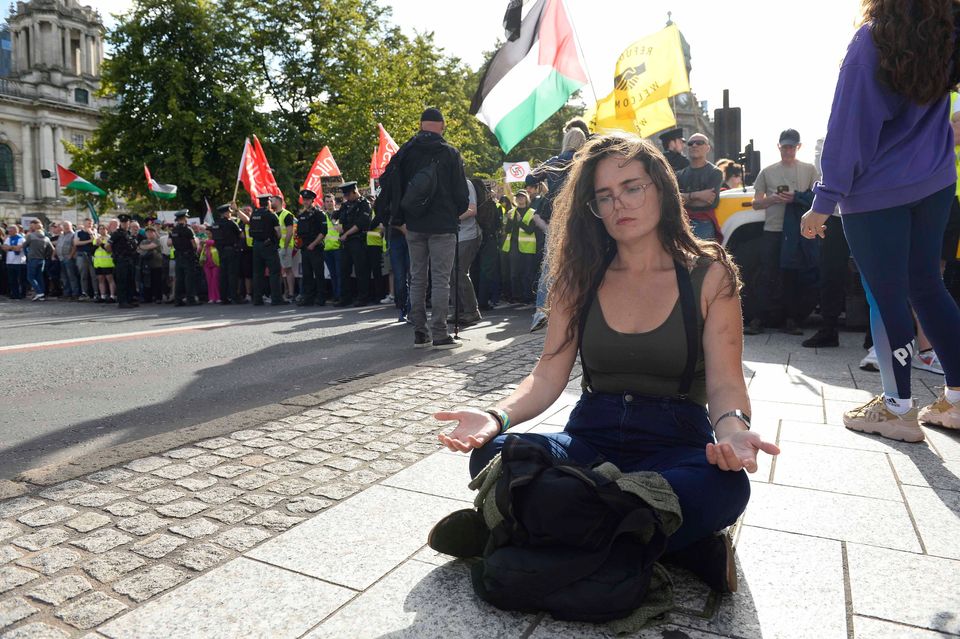 An anti-racism 'Unity Over Division' counter-protest in Belfast city centre, one of two protests expected in the area on Friday, the other being a separate far-right protest. PA Photo.