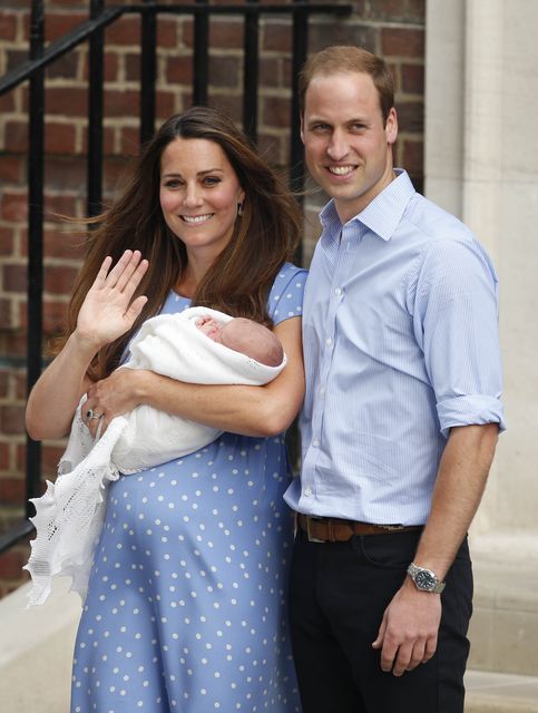 William and Kate, then the Duke and Duchess of Cambridge, leave the Lindo Wing of St Mary’s Hospital in London, with newborn Prince George in 2013 (Jonathan Brady/PA)