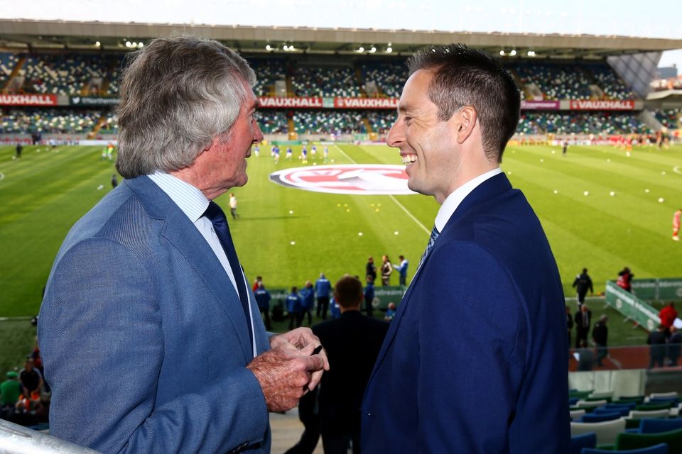 Press Eye - Belfast -  Northern Ireland - 27th May 2016 - Photo by William Cherry

Sports Minister Paul Givan MLA pictured at the National Stadium, Windsor Park with Northern Ireland Legend Pat Jennings. The Minister wished the Northern Ireland team every success as they continue their preparations for the European Championship Finals in France.