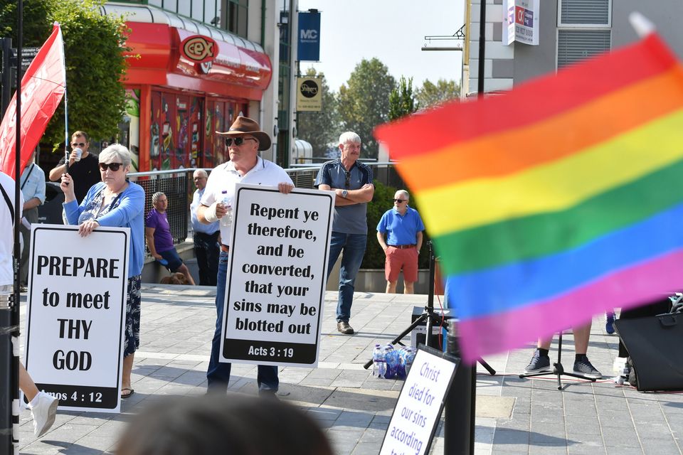 Protesters during the Co Fermanagh Pride parade in Enniskillen. Pic by Press Eye.