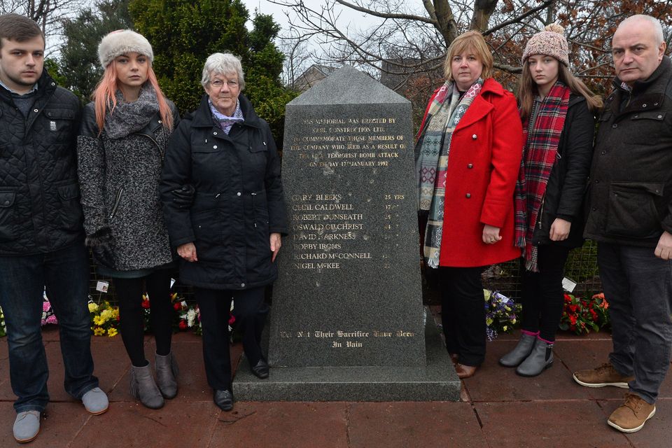 PACEMAKER BELFAST  15/01/2017
Family of Nigel McKee during A memorial service is held for the  25th Anniversary of the Teebane bombing outside Cooktown in Co Tyrone on Sunday.  Eight Protestant workmen died in January 1992 when the IRA blew up their minibus at Teebane crossroads, on the road between Omagh and Cookstown.
Another six were injured.
Photo Colm Lenaghan/Pacemaker Press
