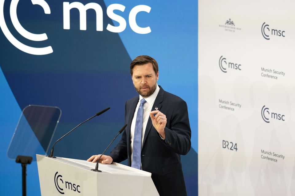 US vice president JD Vance addresses the audience during the Munich Security Conference at the Bayerischer Hof Hotel (Matthias Schrader/AP)