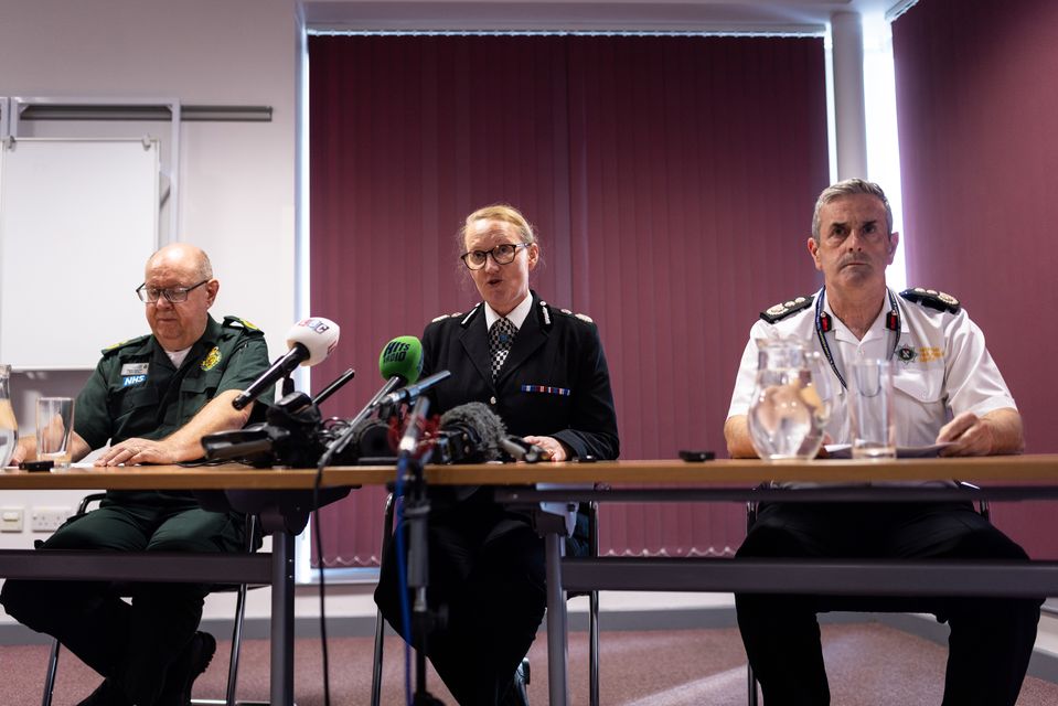 (left to right) Merseyside Head of Service Dave Kitchin, Merseyside Police Chief Constable Serena Kennedy, MFRS Chief Fire Officer Phil Garrigan and NWAS Cheshire, speaking to the media (James Speakman/PA)