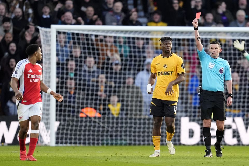 Referees’ body the PGMOL has condemned abuse directed at Michael Oliver after he sent off Arsenal’s Myles Lewis-Skelly against Wolves (Nick Potts/PA)