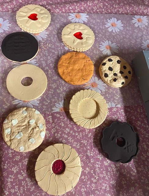 Ms Tomlinson’s biscuit coasters partway through the process (Hayley Tomlinson/@clayleybyhayley/PA)