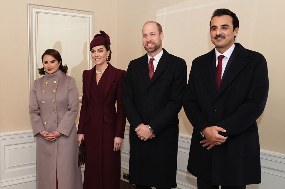 The Prince and Princess of Wales greet the Emir of Qatar Sheikh Tamim bin Hamad Al Thani and his wife Sheikha Jawaher (Aaron Chown/PA)