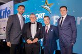 thumbnail: Pearse Tipping wins the Spirit of Sport Award, presented by Matthew Ferguson of Decathlon Belfast, alongside Gareth McAuley and Jacob Stockdale (Photo by Kevin Scott)
