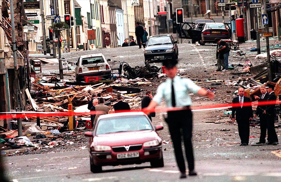 The aftermath of the Omagh bomb on Market Street. Bereaved families are commemorating the victims at the ongoing inquiry into the atrocity