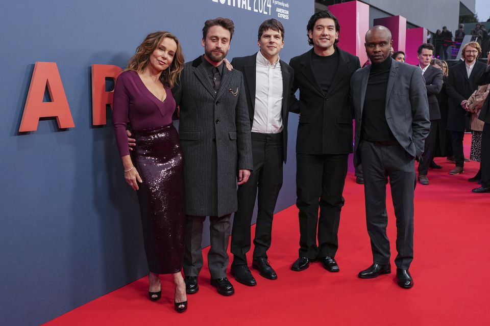 Jennifer Grey, Kieran Culkin, Jesse Eisenberg, Wil Sharpe and Kurt Egyiawan at the premiere (Scott A Garfitt/AP)