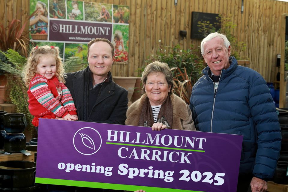 ​Two-year-old Reya Mercer celebrates the news that Hillmount Carrick will open in spring. She is pictured with dad Alan and grandparents Edith and Robin. 