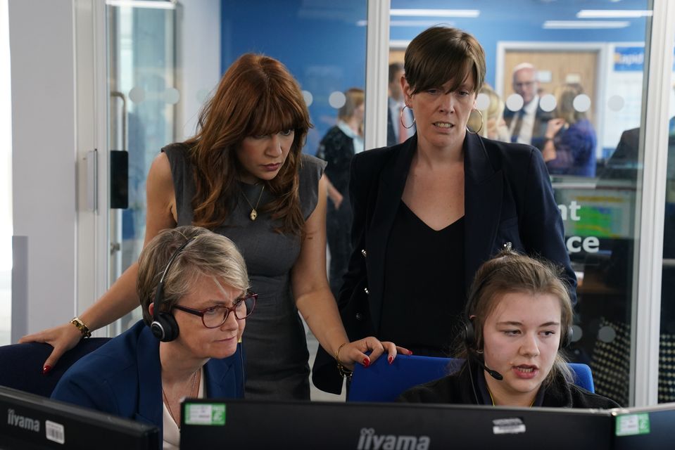 Home Secretary Yvette Cooper (front left), safeguarding minister Jess Phillips (back right) and counsellor and campaigner Nour Norris (back left) meet 999 control handlers during a visit to Kent Police’s Coldharbour Police Complex in Aylesford, Kent (Gareth Fuller/PA)