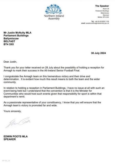 Speaker Edwin Poots' response to request for special Armagh GAA reception