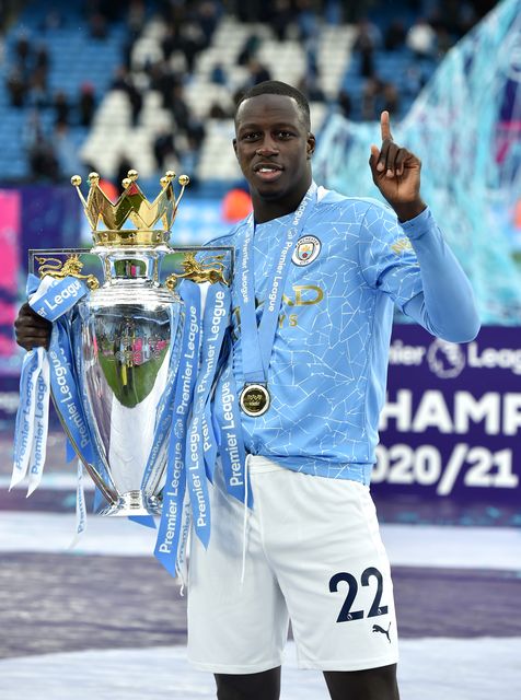 Manchester City’s Benjamin Mendy celebrates at the Etihad Stadium after Manchester City win the league title in 2021 (Peter Powell PA)