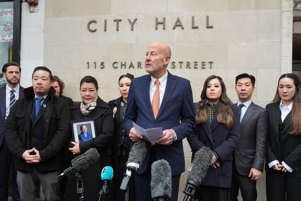 Philip Shepherd KC speaking whilst in front of the family of Vichai Srivaddhanaprabha (Joe Giddens/PA)