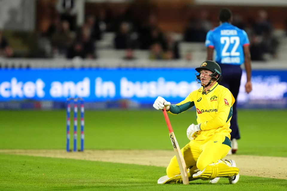 Marnus Labuschagne reacts after being hit on the arm (John Walton/PA)