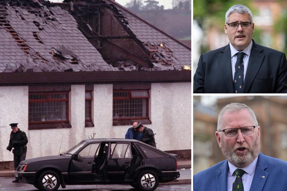 The scene of a shoot-out in Clonoe, near Coalisland, County Tyrone, where four IRA men were killed by the SAS and (top right) DUP leader Gavin Robinson and (bottom right) UUP MP Doug Beattie