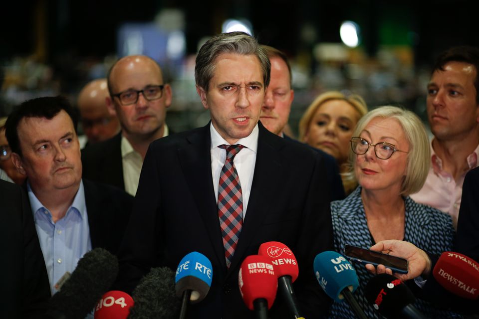 Taoiseach Simon Harris speaks to the media at the RDS count centre in Dublin on Sunday (Damien Storan/PA)