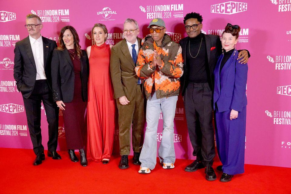 (left to right) Ben Roberts, Jill Wilfert, Caitrin Rogers, director Morgan Neville, Pharrell Williams, Brent Palmer and Kristy Matheson attend the BFI London Film Festival closing gala screening of Piece By Piece at the Royal Festival Hall in London (Jonathan Brady/PA)