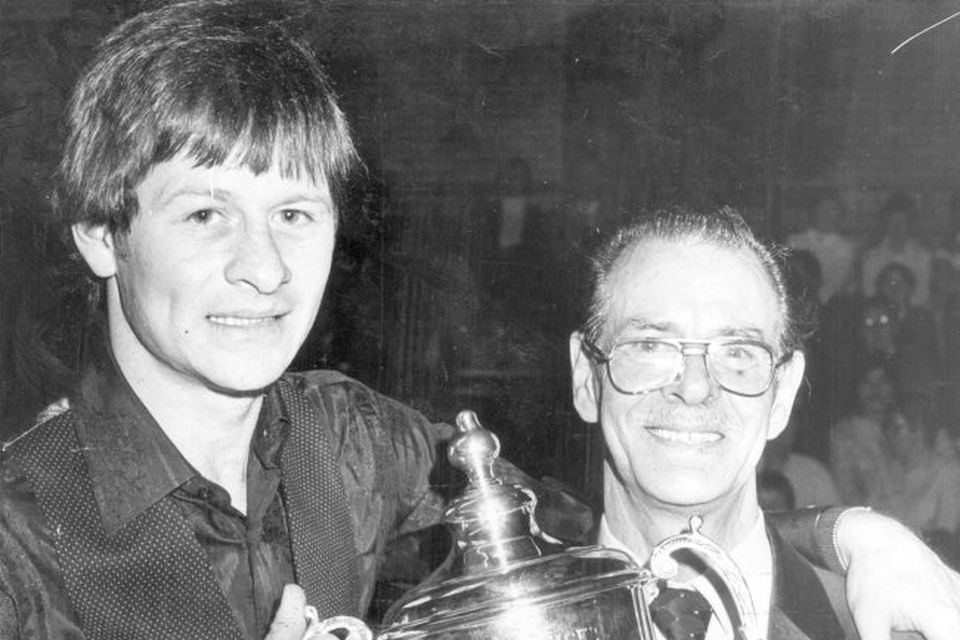 Alex Higgins.  Snooker Legend.  Alex Higgins senior pictured with his son after Alex had regained the Smithwick's Irish Professional Snooker Championship in Maysfield Leisure Centre.  Alex won the final against reigning champion Dennis Taylor by 16 frames to 11.