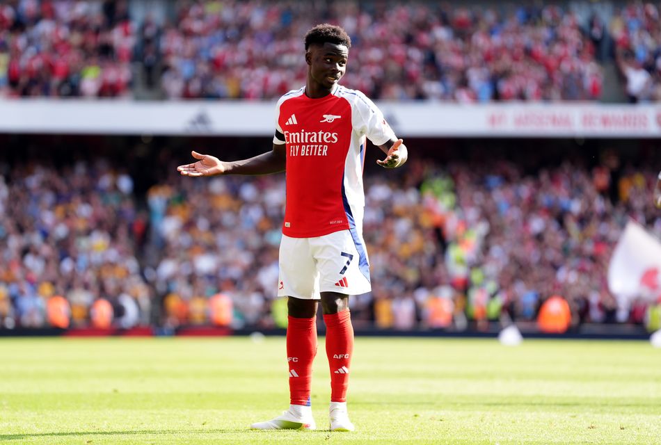 Bukayo Saka celebrates his goal against Wolves (Adam Davy/PA).