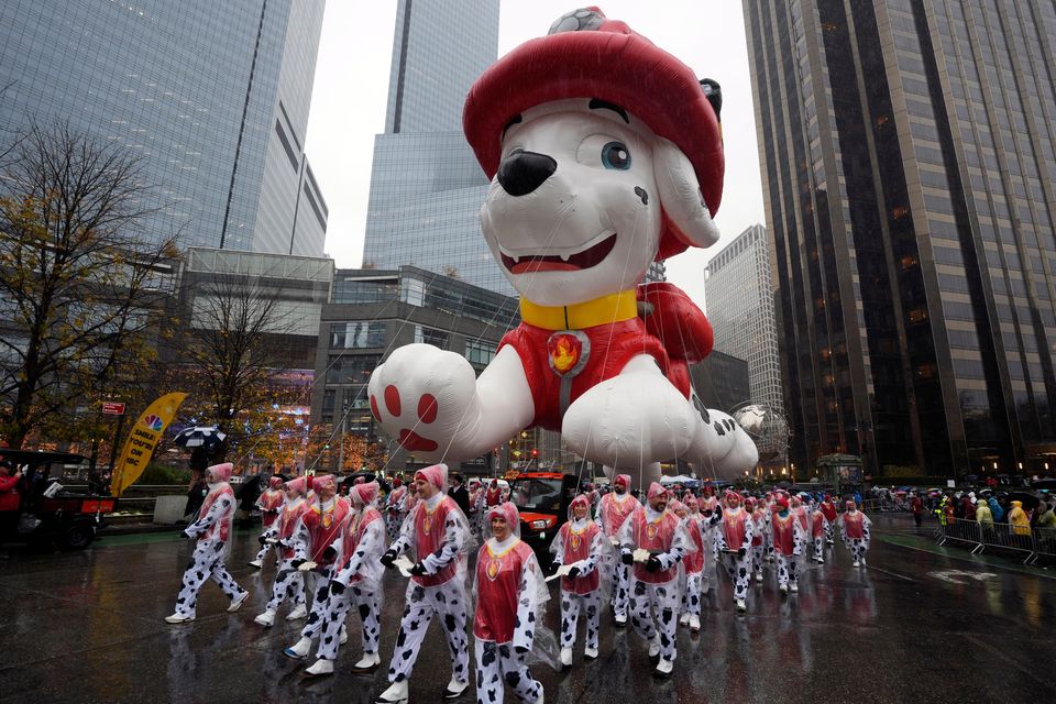 The Marshall from Paw Patrol balloon floats in the Macy’s Thanksgiving Day Parade (Charles Sykes/Invision/AP)