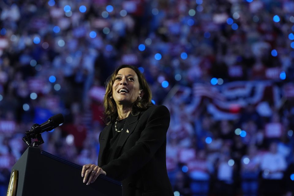 Democratic presidential nominee Vice President Kamala Harris speaks during a campaign rally in Madison (Jacquelyn Martin/AP)