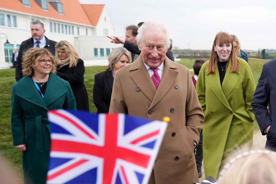 The King accompanied by Prime Minister Sir Keir Starmer and Deputy Prime Minister Angela Rayner during a visit to Nansledan School in Newquay (Alastair Grant/PA)