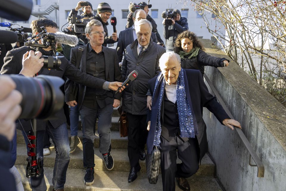 Sepp Blatter arrives at court in Muttenz (Urs Flueeler/Keystone/AP)