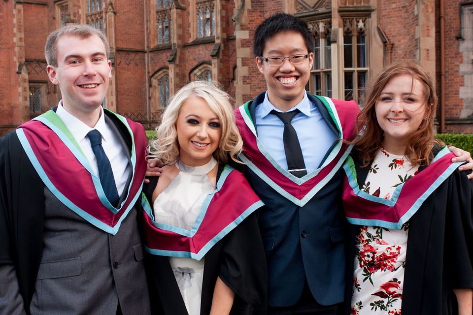 (L-R) Mark Higgins, Wei-han Pak, Hannah McVeigh and Gemma Megarry celebrate their graduation day at Queen's University. Mark graduated with MSc in Atypical Child Development, Wei-Han with MSc in Political Psychology and Hannah and Gemma with MSc in Psychology of Childhood Adversity.