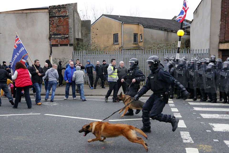 PSNI officers on the Lower Newtownards after a Loyalist flag protest at Belfast City Hall
