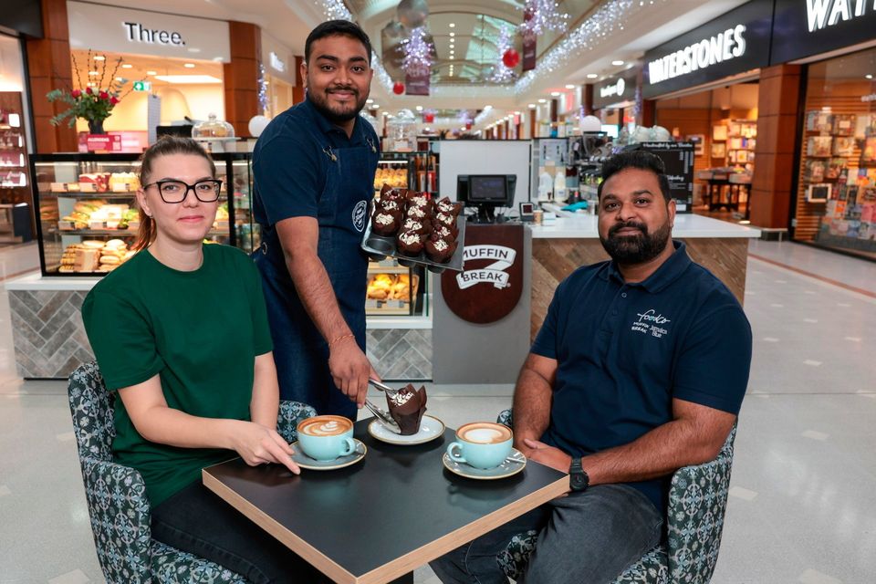 Adela Pop, Jay Patel and Prince Pagani at the opening of Muffin Break's first kiosk concept in Forestside, Belfast.