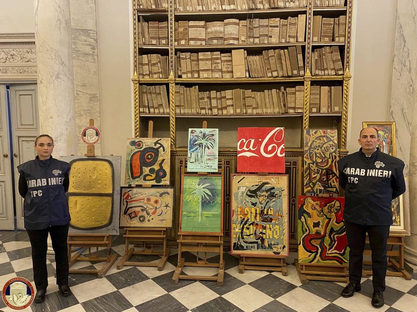 Fake modern and contemporary artworks seized across Europe on display in Rome (Italian Culture Ministry/HOGP/AP)