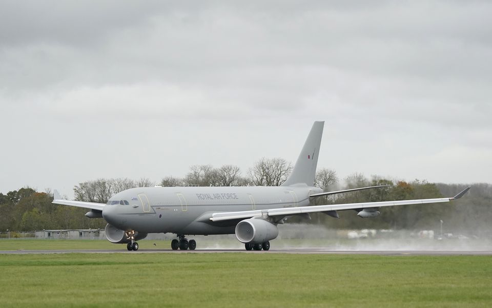 A Voyager aircraft from RAF Brize Norton in Oxfordshire was the first flight in the UK to use 100% Sustainable Aviation Fuel when it took off in November 2022 (Andrew Matthews/PA)