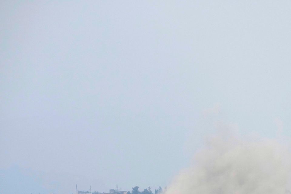 Smoke rises from Israeli airstrikes on villages in the Nabatiyeh district, seen from the southern town of Marjayoun, Lebanon (Hussein Malla/AP)