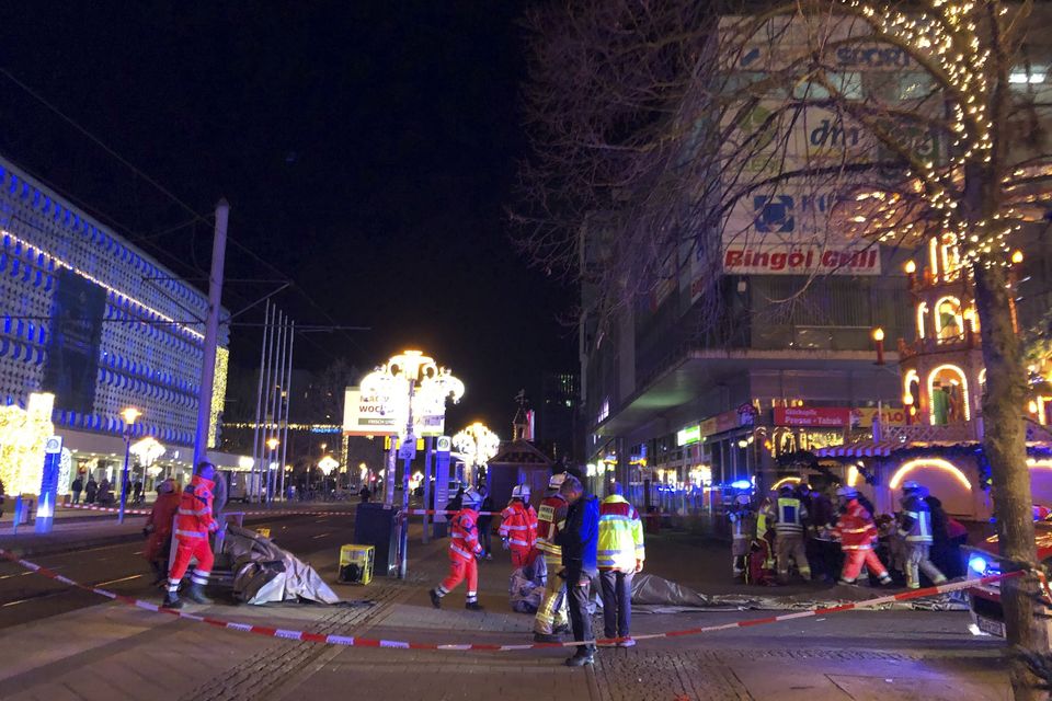 Emergency services at the Christmas market in Magdeburg, Germany (Dorthe Hein/dpa via AP)