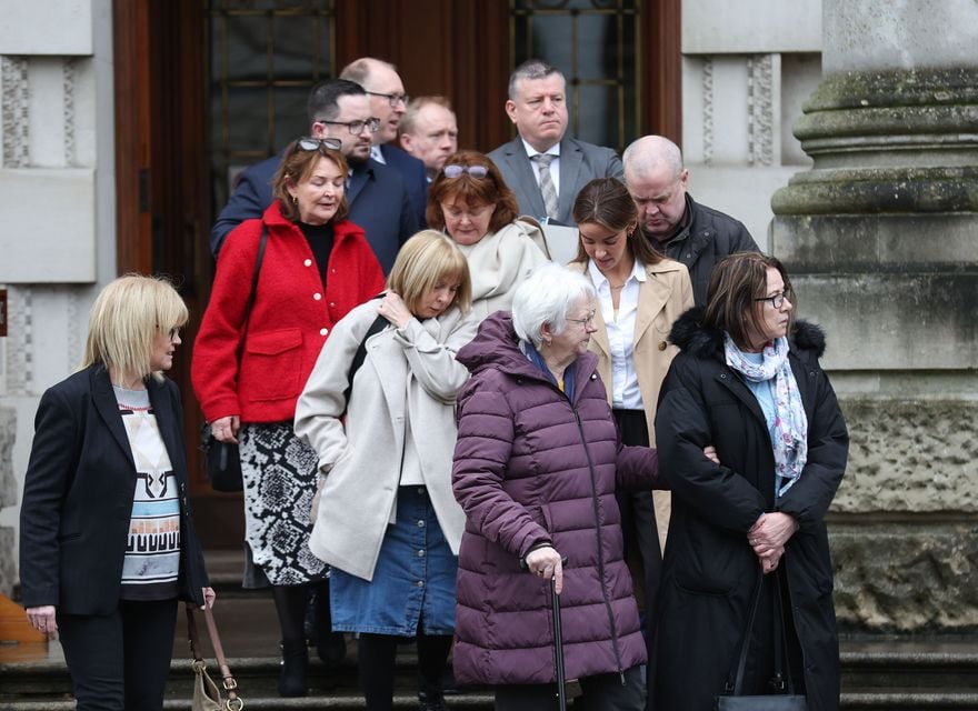 Family members of the four men killed by the SAS in Clonoe in 1992 leave Belfast Hugh Court this morning. Image: Pacemaker