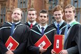 thumbnail: Left to right - Steven Crawford from Ballymena, Aaron Stewart from Magherafelt, Michael Armstrong from Ballymena, Derek Lynch from Londonderry and Graham Thompson from Bushmills all graduated with a degree in Health and Leisure from Queen's University.