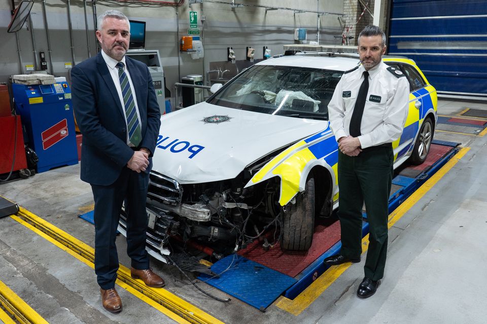 Deputy Chief Constable Bobby Singleton and Chair of the Police Federation for Northern Ireland Liam Kelly discussing incidents where police vehicles have been deliberately rammed. (Photo by Luke Jervis / Belfast Telegraph)