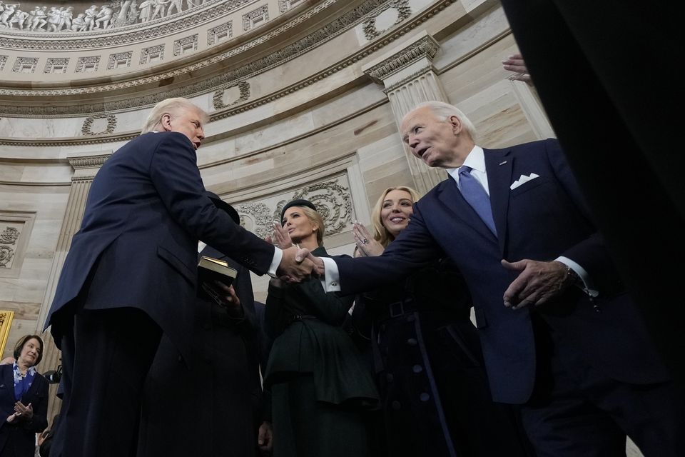 President Donald Trump shakes hands with former president Joe Biden after being sworn in as the 47th president of the United States (Morry Gash, Pool/AP)