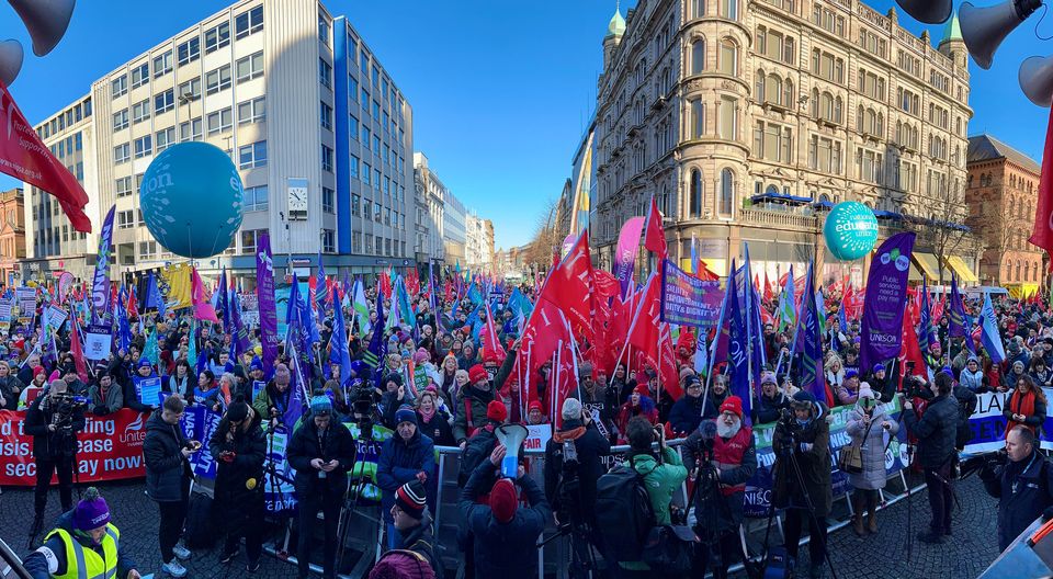 Public sector workers take part in a rally at Belfast City Hall in January (Liam McBurney/PA)