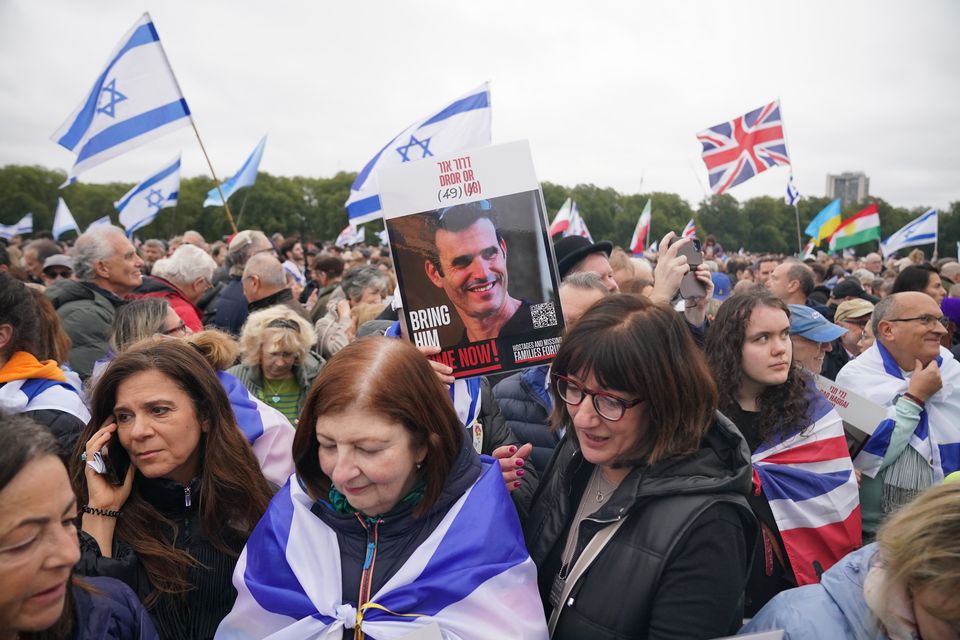 Thousands gathered in London’s Hyde Park on Sunday for an event commemorating the October 7 attacks on Israel (Jonathan Brady/PA)