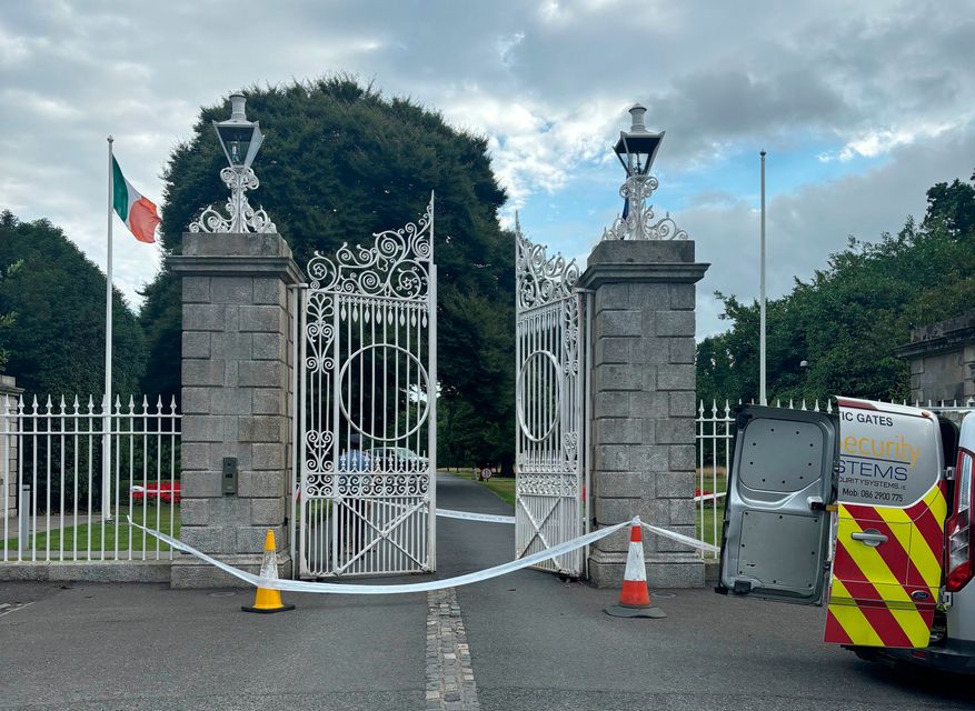 The gates at Dublin's Phoenix Park, the official residence of Ireland's President, Michael D Higgins, where Gardai are investigating an incident of criminal damage. Cate McCurry/PA Wire