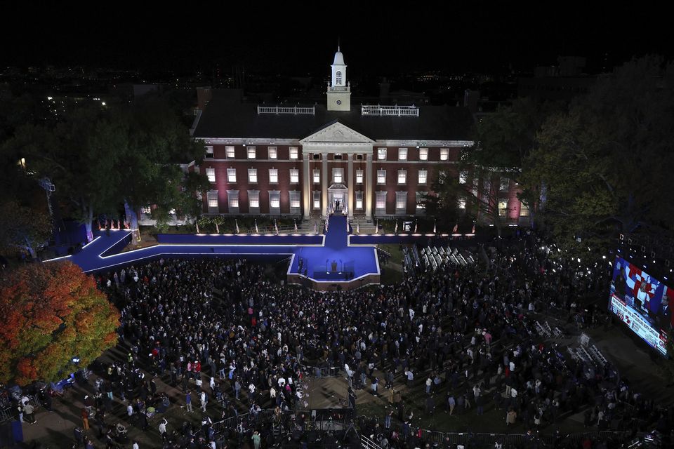 Supporters attend an election night campaign watch party for Kamala Harris, on the campus of Howard University in Washington (Tasos Katopodis/Pool Photo via AP)