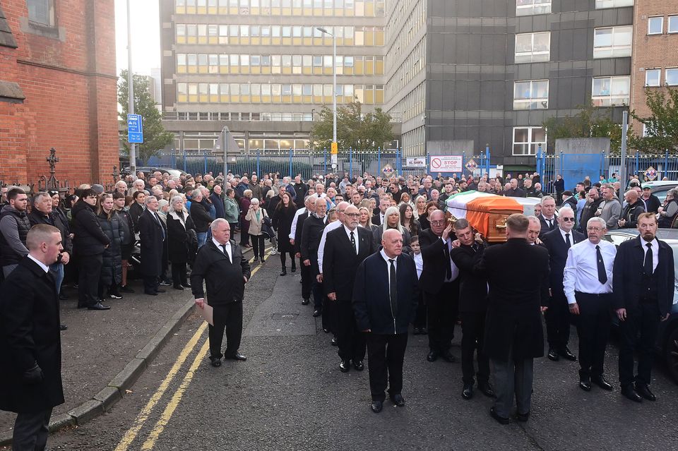 Roy Walsh's coffin leaving from one of the entrances for the Royal Victoria Hospital in west Belfast (Credit: Arthur Allison/Pacemaker Press)