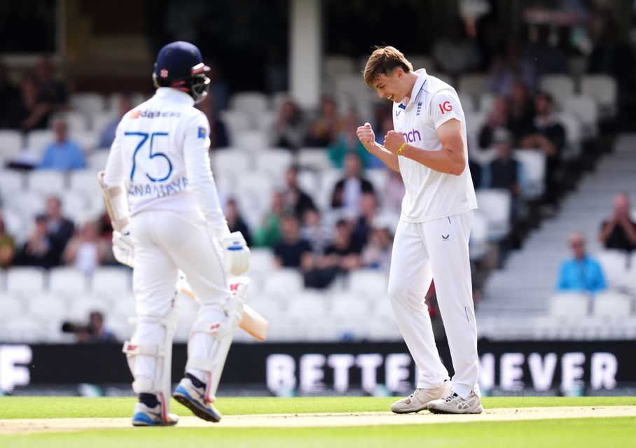 Josh Hull celebrates the wicket of Sri Lanka captain Dhananjaya de Silva (John Walton/PA)