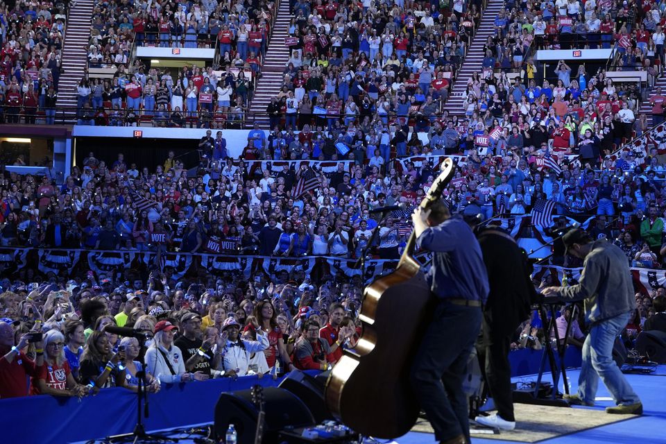 The crowd watches as Mumford & Sons performs at a campaign rally for Democratic presidential nominee Vice President Kamala Harris (Jacquelyn Martin/AP)