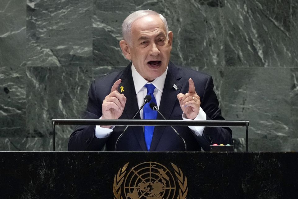 Benjamin Netanyahu addressing the United Nations General Assembly on Friday (Richard Drew/AP)