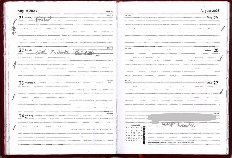 An asterisk and the word ‘failed’ next to the date of August 21 in Daniel Khalife’s prison diary, the date of his ‘fake’ escape attempt (Metropolitan Police/PA)