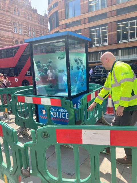 An artwork depicting piranhas on a police sentry box was removed from near London’s Old Bailey court to preserve it (Emily Pennink/PA)