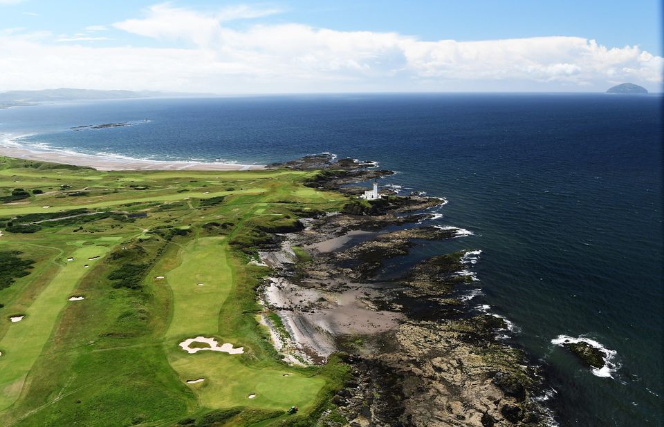 An aerial view of the 10th hole at the Ailsa course with the famous lighthouse in the background. Picture: Getty